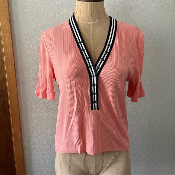TOMMY JEANS sz M Peach Orange Henley Crop Top Short Sleeve - Picture 1 of 9